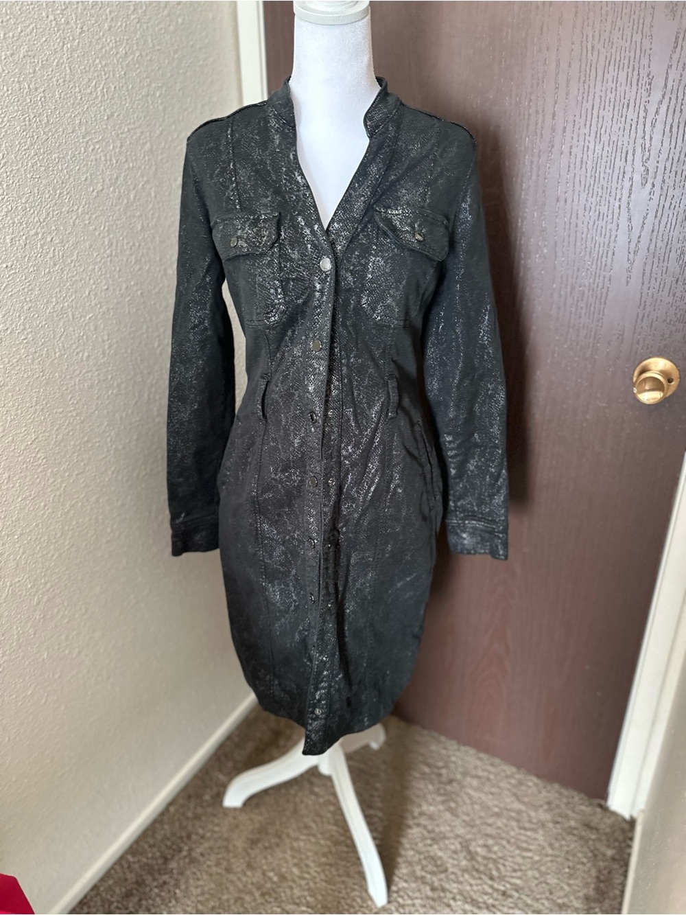 White House Black Market Black Metallic Longline Trench Coat